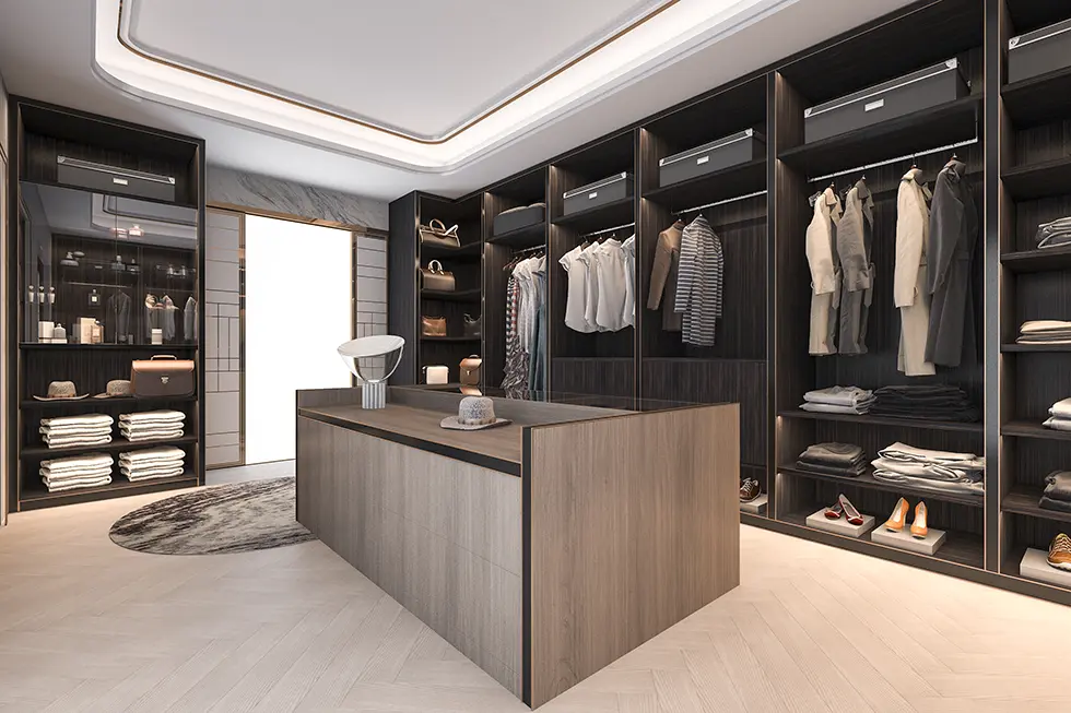 Vestidor en L acabado combinado gris oscuro y roble ceniza